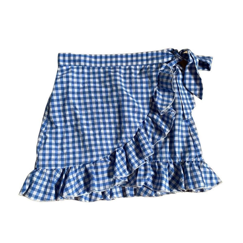 Shein women’s gingham blue and white wrap, skirt, side tie, size small - Picture 2 of 6